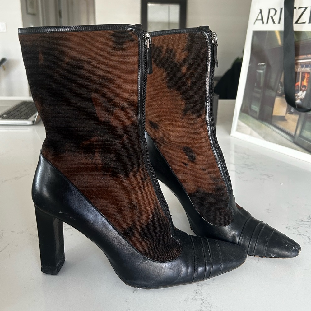 Christian Lacroix Black Leather & Brown Suede Mid-Calf Zip Heeled Boots